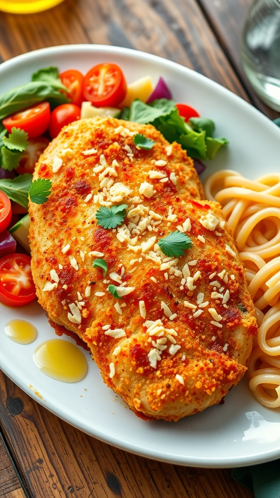 Crispy Parmesan Chicken Recipe Crispy Parmesan chicken served with salad and pasta on a rustic table.